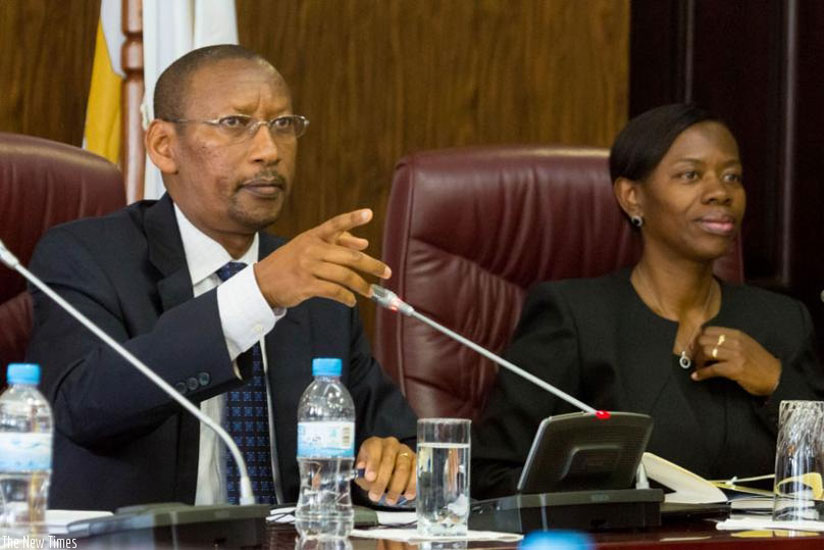 Central Bank Governor John Rwangombwa and his deputy, Monique Nsanzabaganwa at a past event. (File)