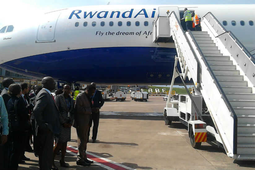 The Airbus A330-200 makes a stopover at Entebbe International Airport, Uganda, where it's welcomed by diplomats and government officials. / Courtesy