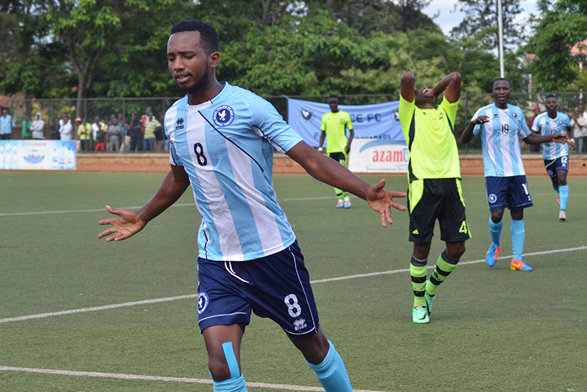 Justin Mico celebrates after scoring the second goal in Police's 2-0 win over Gicumbi in the Azam Rwanda Premier League on Friday at Kicukiro Stadium. / Sam Ngendahimana