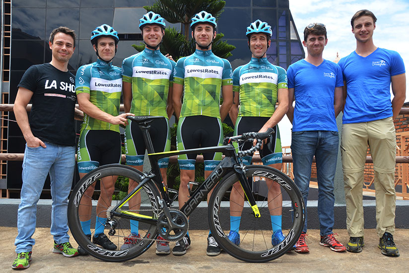 Riders and officials of Canada's LowestRates pose for a photo in Kigali this week / Courtesy