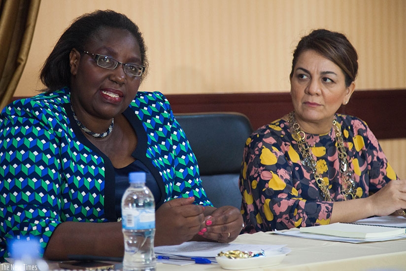 Minister Mukantabana speaks at the meeting as Mehrnaz Mostafavi, the Human Security Unit head at the UN headquarters, looks on. / Nadege Imbabazi