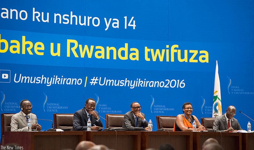 President Kagame with Senate President Bernard Makuza on his right, Chief Justice Sam Rugege (left), Speaker Donatile Mukabalisa (2nd R) and Prime Minister Anastase Murekezi (R) at the 14th National Dialogue at Kigali Convention Centre yesterday. (Village Urugwiro)