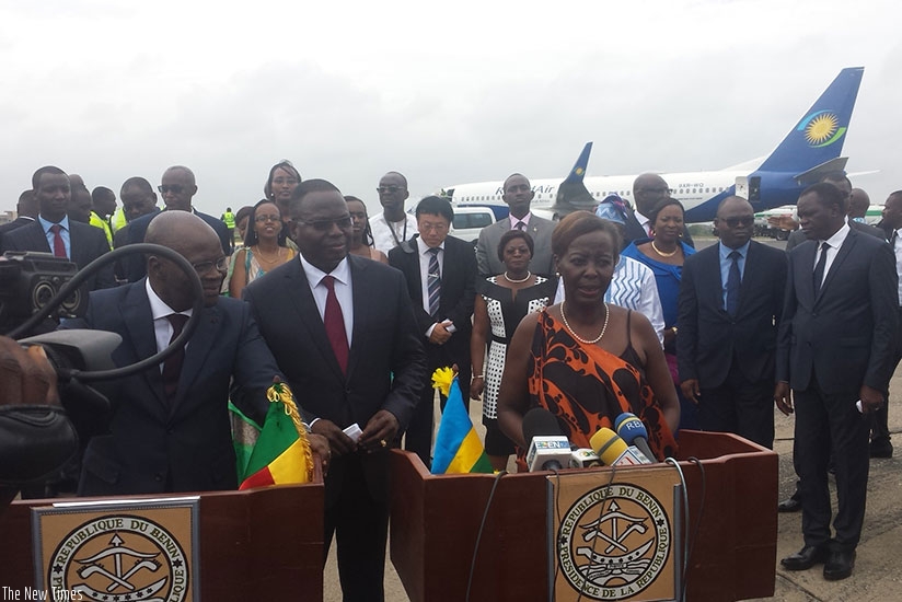 Rwanda's Foreign Affairs Minister Louise Mushikiwabo and her Benin counterpart, Aurelien Agbenonci  talk to the press on Tuesday (Photos by Elisee Mpirwa)