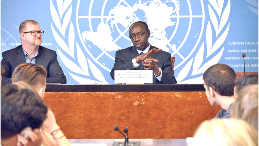 Amb. Ngarambe, who is also Permanent Representative of Rwanda to the UN Office in Geneva, interacts with Geneva students and their teachers. Courtesy.