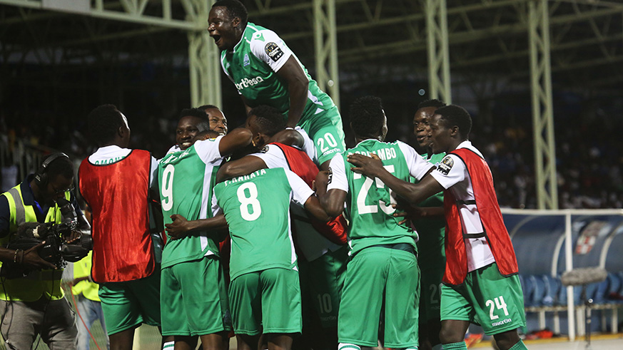 Gor Mahia players celebrate their goal in the first half