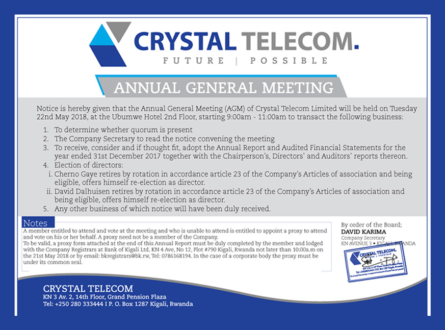 The annual General meeting of Crystal Telecom will be held on Tuesday, 22nd May.