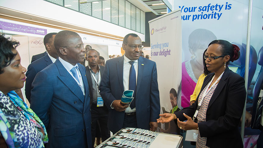 Minister for infrastructure Claver Gatete, President of ICAO Council, Dr. Olumuyiwa Benard Aliu; Minister for Infrastructure and Transport of Togo, Ninsao Gnofam; and Minister for Aviation, Ghana, Cecilia Abena Dapaah, visits RwandAir stand during the meeting.