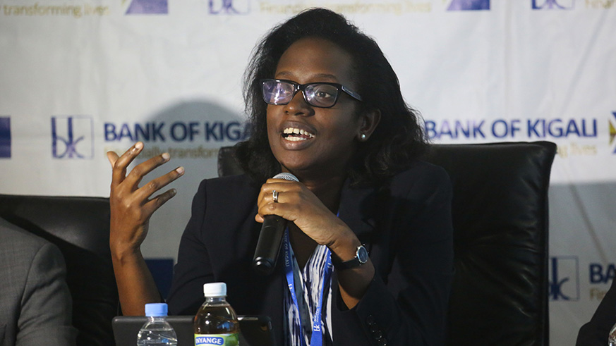 Bank of Kigali CEO Diane Karusisi addresses journalists in press conference yesterday in Kigali. / Sam Ngendahimana.
