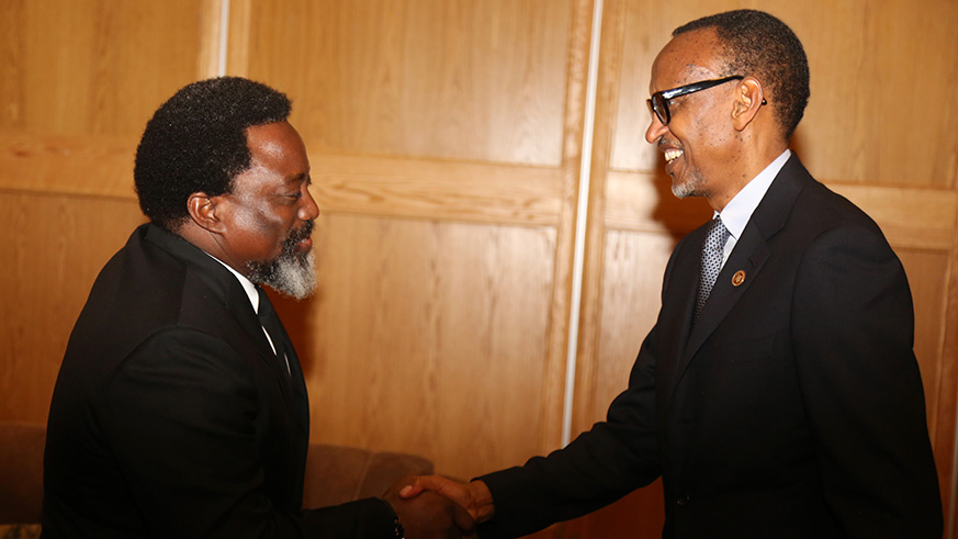 President Kagame meets with his Congolese counterpart Joseph Kabila on the sidelines of the 38th SADC summit in Windhoek in Namibia yesterday. Village Urugwiro.