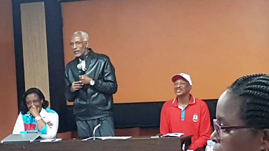 Ngarambe (centre) addresses RPF-Inkotanyi parliamentary caucus in Rusororo Sector, Gasabo District yesterday. Courtesy.