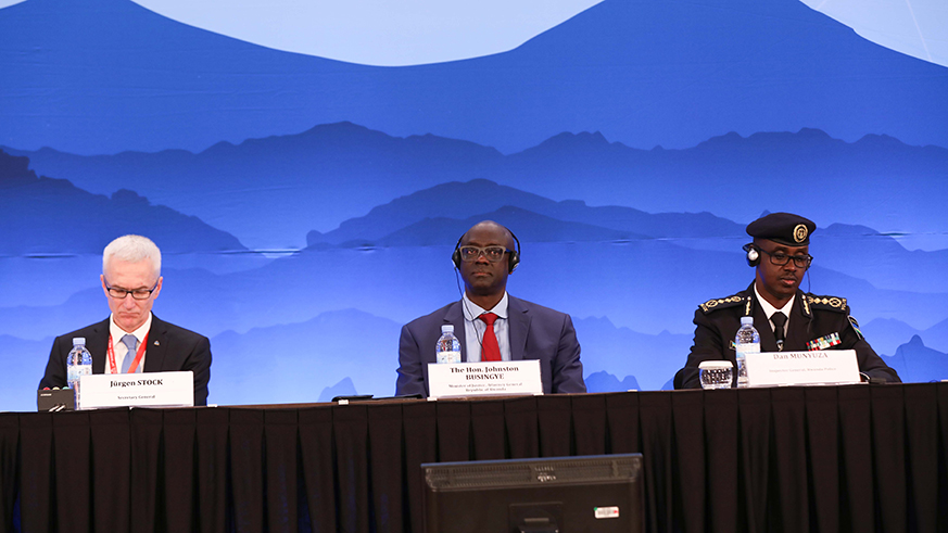 L-R: Interpol Secretary General Ju00fcrgen Stock, Minister for Justice Johnston Busingye and Inspector General of Police Dan Munyuza. Emmanuel Kwizera.