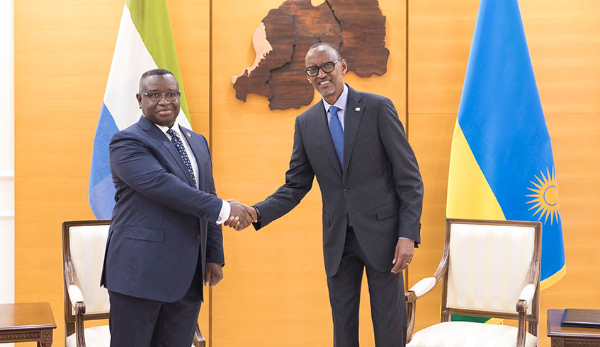 President Kagame yesterday held talks with his Sierra Leonean counterpart Julius Maada Bio, who was on a three-day official visit to Rwanda. The two countries signed three cooperation agreements, namely; a general cooperation agreement, a memorandum of understanding on political consultations, and an agreement on exemption of visa requirements for holders of diplomatic and official passports. This followed a bilateral air service agreement signed between the sides last year. President Bio, who was among the Heads of State that attendedu00a0Rwandau2019s 25th Liberation Anniversary celebrations in Kigali on Thursday, was due to concludeu00a0his visit with a tour of Kigali Special Economic Zone.   Village Urugwiro.