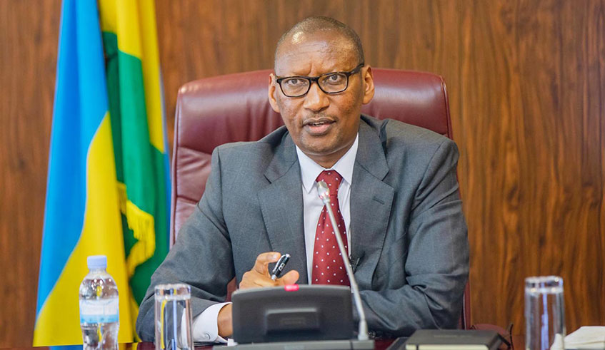 National Bank of Rwanda Governor John Rwangombwa speaks during the news brifieng in Kigali yesterday. Photo: Courtesy.