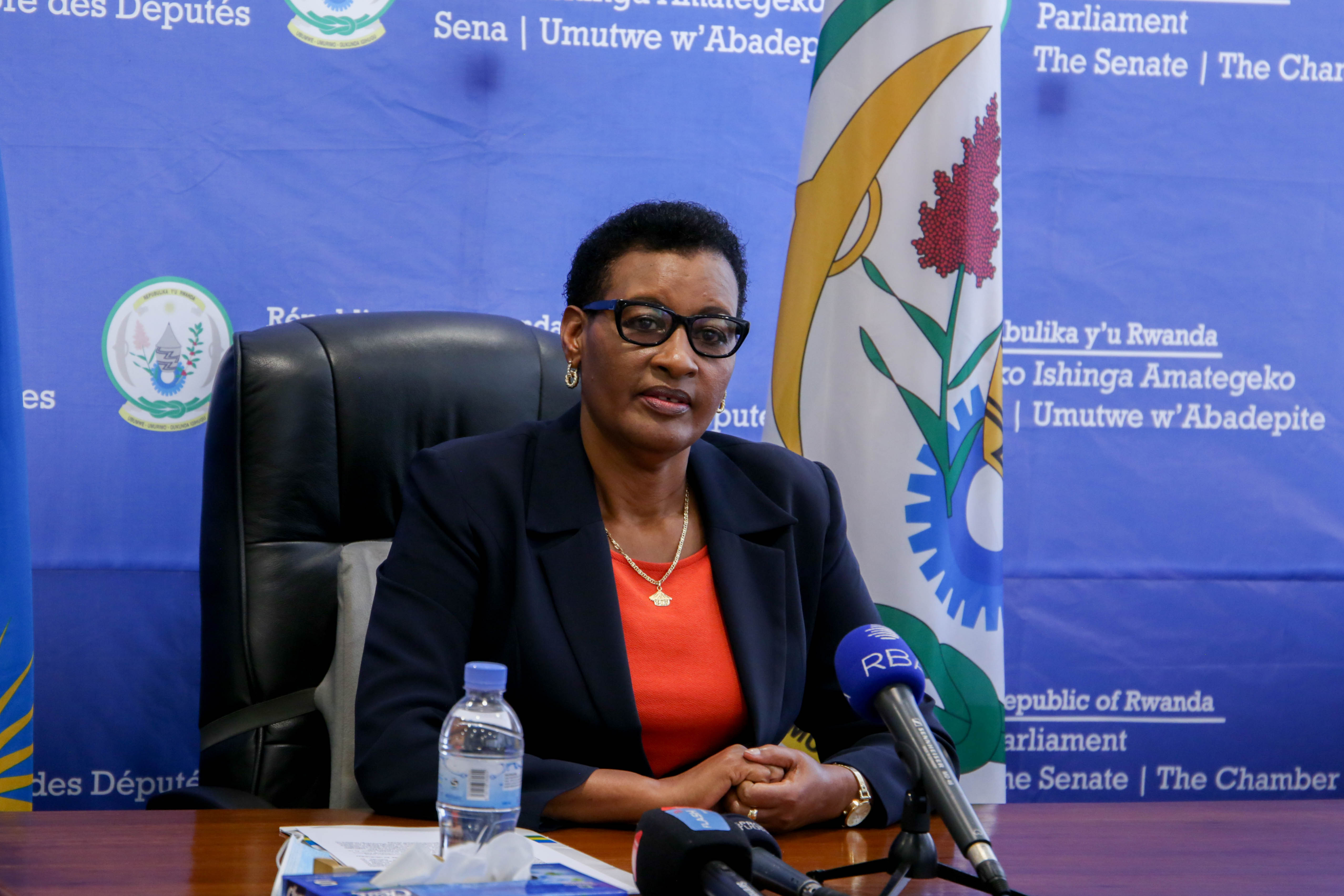 Donatille Mukabalisa, Speaker of the Chamber of Deputies, during the press conference on a tour of Members of Parliament to assess the impact of Covid-19. / All photos by Dan Nsengiyumva  