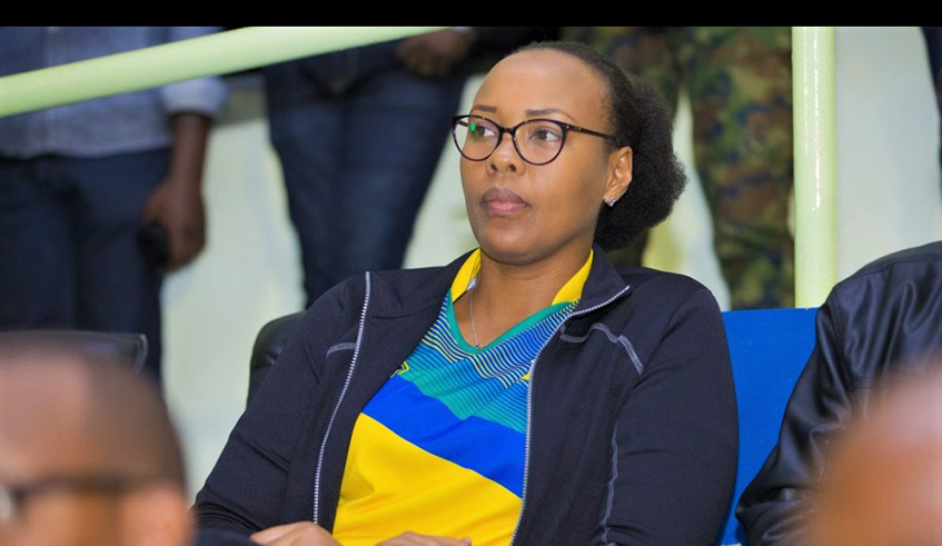 Sports Minister Aurore Mimosa Munyangaju is seen here watching Rwanda's match against Cameroon, which the latter won 2-1 at Kigali Stadium in November 2019.  / Courtesy