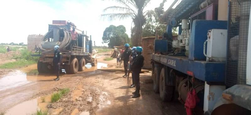 Rwandan Police peacekeepers during the launch of the construction of boreholes in Bangui in July 2020.