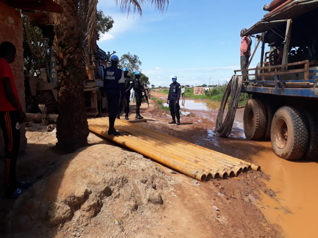 Rwandan Police peacekeepers during the launch of the construction of boreholes in Bangui in July 2020.