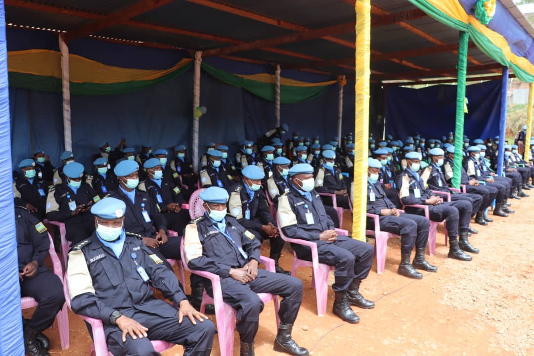 Rwandan police officers being decorated in CAR.