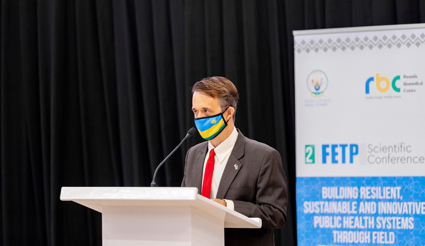 Minister for Health, Dr Daniel Ngamije, delivers remarks at the opening of the the two-day FETP Science Conference at Kigali Convention Centre on Wednesday, September 29. / Photo: Courtesy.