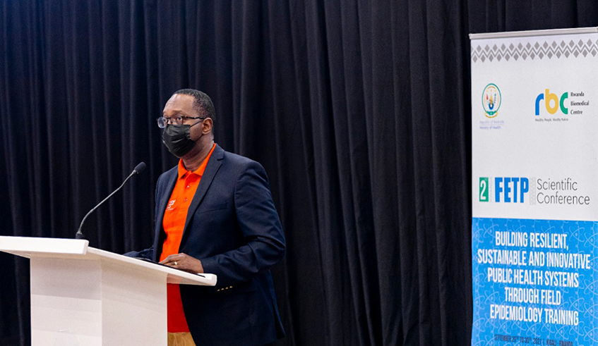 Minister for Health, Dr Daniel Ngamije, delivers remarks at the opening of the the two-day FETP Science Conference at Kigali Convention Centre on Wednesday, September 29. / Photo: Courtesy.