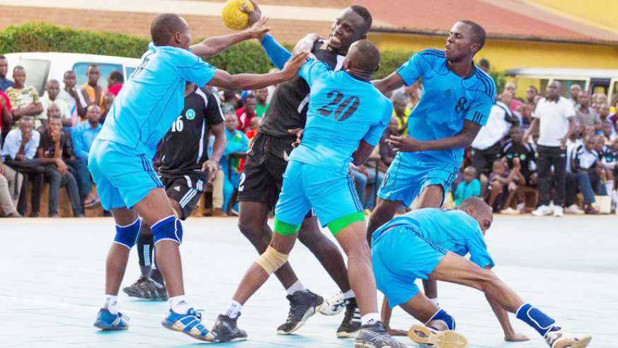 APR Handball team players in action against Police FC at Kimisagara play group. 