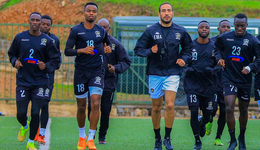 APR players during a recent training session. The champions take on a tricky Musanze side at Kigali stadium on match-day two on Wednesday. / Courtesy