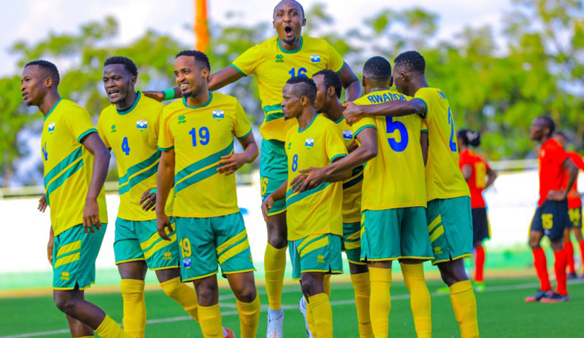 Amavubi players celebrate after scoring against Mozambique in a world cup qualifier last year. The team has been underperforming for a long time. / Courtesy
