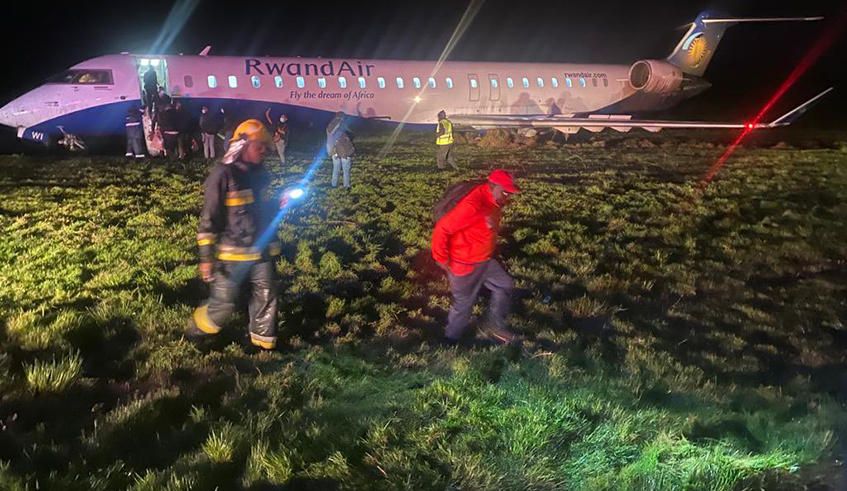 RwandAir flight WB464  skidded off the runway and landed on a grassy soft area at Entebbe International Airport on Wednesday April 20. / Courtesy