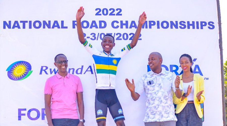 Eric Manizabayo celebrates after winning the 2022 National Road Cycling Championship on Sunday, June 30. 
